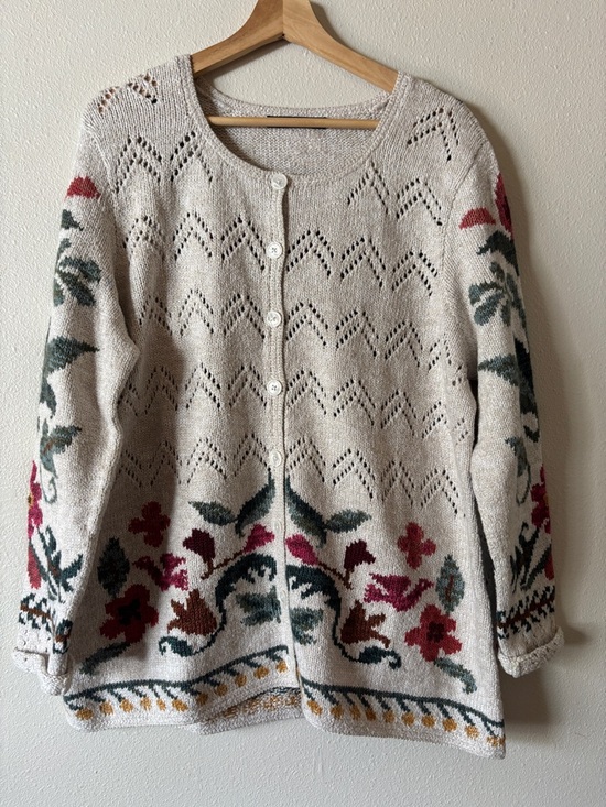 Peruvian Connection Sweaters - Peruvian Connection Pima Cotton and Alpaca Cream Cardigan Sweater Floral XL